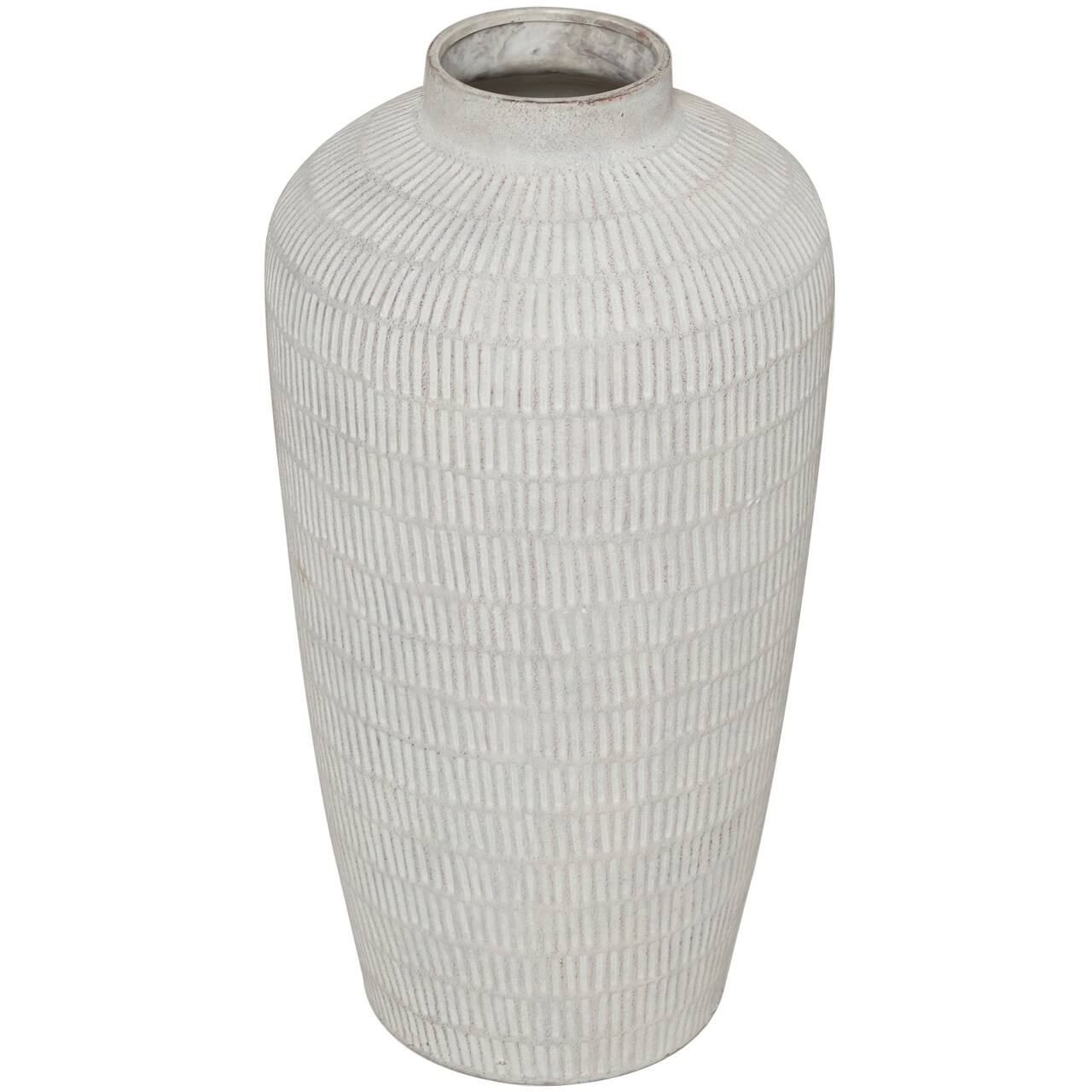 Cream Ceramic Textured Vase with Linear Pattern